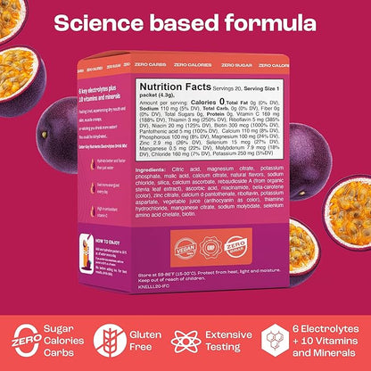 KEY NUTRIENTS Multivitamin Electrolytes Powder Packets - Delicious Passion Fruit 20 Pack Hydration Packets - Travel Hydration Powder - No Sugar, No Calories, Gluten Free - Made in USA