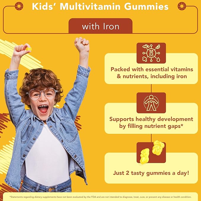 Kids Multivitamin Gummies with Iron - Chewable Sugar Free Kids Multivitamin Gummy Vitamins - for Toddlers & Children 3 & Up