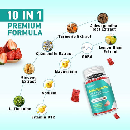 Ashwagandha Gummies with L-theanine, 3000mg Ashwa Root Supplement Gummy for Women Men, 60 Strawberry Flavored Gummies