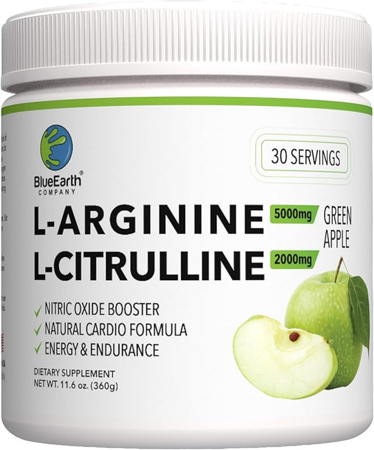 L-Arginine 5000mg + L-Citrulline 2000mg Complex Powder Supplement Drink Mix - Nitric Oxide Booster for Heart Health, Blood Flow & Energy - 30 Servings (Green Apple)