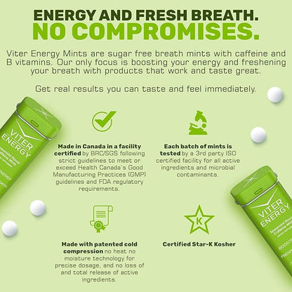 Viter Energy Caffeine Mints (120 Pieces) - 40mg Caffeine, Sugar Free, Vegan Breath Mints, B Vitamin Complex, Energy Caffeine Pills (Spearmint, 6 Pack)