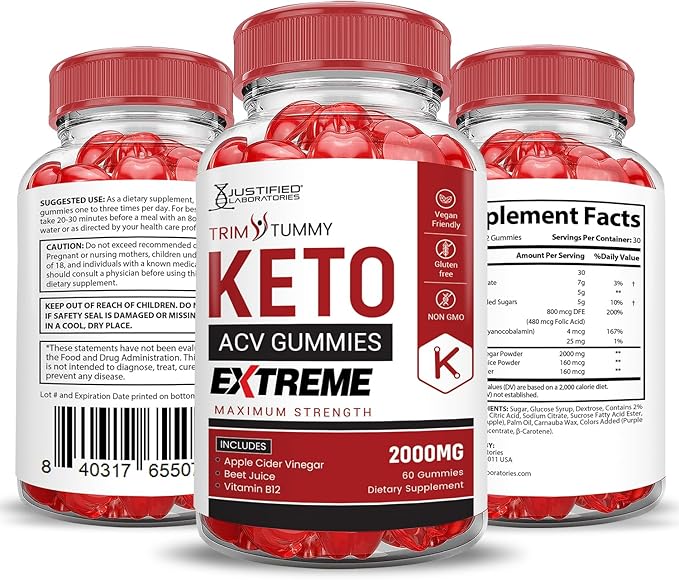 (2 Pack) Trim Tummy Keto ACV Gummies Extreme 2000MG Trim Tummy Keto Gummies Apple Cider Vinegar Formulated with Pomegranate Beet Juice Powder B12 Vegan Non GMO 120 Gummys