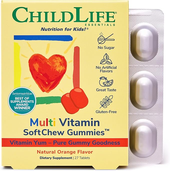 CHILDLIFE ESSENTIALS Kids Multivitamin SoftChew Gummies - Kids Vitamins, Multivitamin for Kids, Multivitamin Gummies, Toddler Vitamins, Kids Chewable Vitamin, Sugar Free - Natural Orange, 27 Tablets