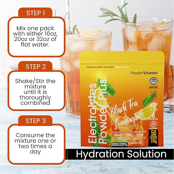 Electrolytes Powder Plus (50 Servings) Black Tea Lemonade Electrolyte Powder Zero Calorie Keto,0 Sugar, No Maltodextrin,1000mg Potassium,120mg Calcium,120mg Magnesium, Hydration Powder