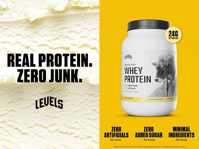 Levels Grass Fed Whey Protein Powder, No Artificials, 24G of Protein, Vanilla Bean, 2LB