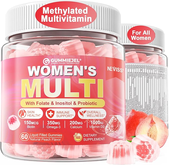 NEVISS Womens Multivitamin Gummies, Sugar-Free Methylated Multivitamin for Women/w Omega-3, Enzymes & Probiotic, Calcium, Vitamin C, D3, Folate, Biotin, Inositol - Skin, Hair Growth, All Over Health.
