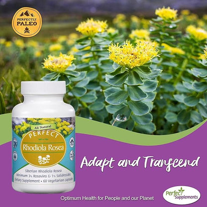 Perfect Rhodiola Rosea, for Better Focus, Energy, and Stress Relief, Optimal 3% Rosavins to 1% Salidroside Ratio, a Natural Adaptogen ~60 Vegetable Capsules