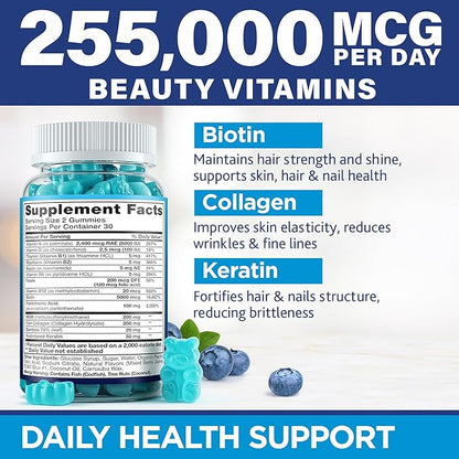 Hair Vitamins Natural Gummies - Biotin Multivitamin for Hair, Skin & Nails with Collagen & Keratin - Anti Aging Collagen Gummy Vitamins for Men & Women - Hair & Nail Growth Gummies - 60psc