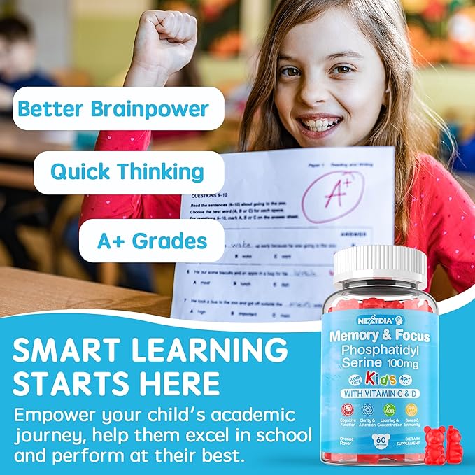 Phosphatidylserine Supplement 100mg, Focus Gummies for Kids Teens + Vitamin C & D3 400IU, Sugar Free Kids Brain Gummies Increase Attention & Concentration, Chewable, Vegan, Gluten Free, Non-GMO 2 Pack