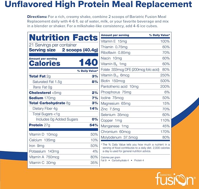 Bariatric Fusion Unflavored Meal Replacement 27g Protein Powder, 21 Serving Tub for Bariatric Surgery Patients Including Gastric Bypass and Sleeve Gastrectomy - No Gluten, Aspartame or Sugar