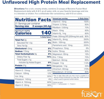Bariatric Fusion Unflavored Meal Replacement 27g Protein Powder, 21 Serving Tub for Bariatric Surgery Patients Including Gastric Bypass and Sleeve Gastrectomy - No Gluten, Aspartame or Sugar