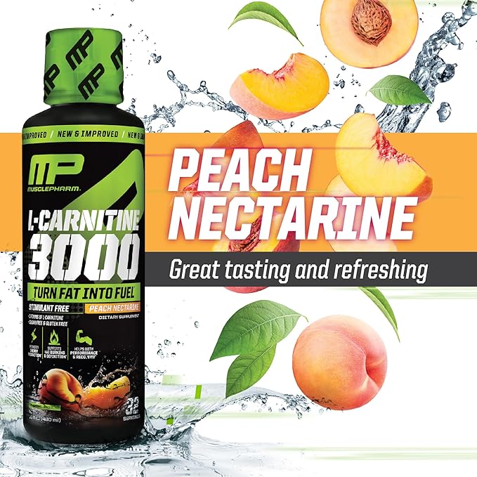 Muscle Pharm L-Carnitine 3000, The Ultimate Liquid L Carnitine Supplement for High-Performance, Supports Metabolism, Hydration & Energy, Zero Sugar/Calories, Peach Nectarine Flavor, 32 Servings
