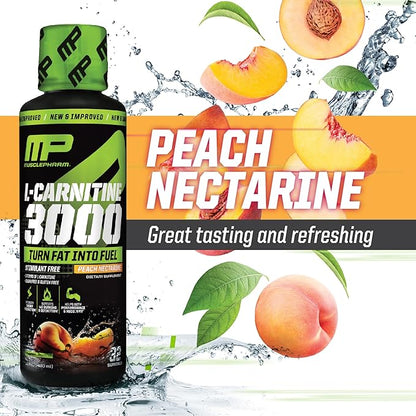 Muscle Pharm L-Carnitine 3000, The Ultimate Liquid L Carnitine Supplement for High-Performance, Supports Metabolism, Hydration & Energy, Zero Sugar/Calories, Peach Nectarine Flavor, 32 Servings