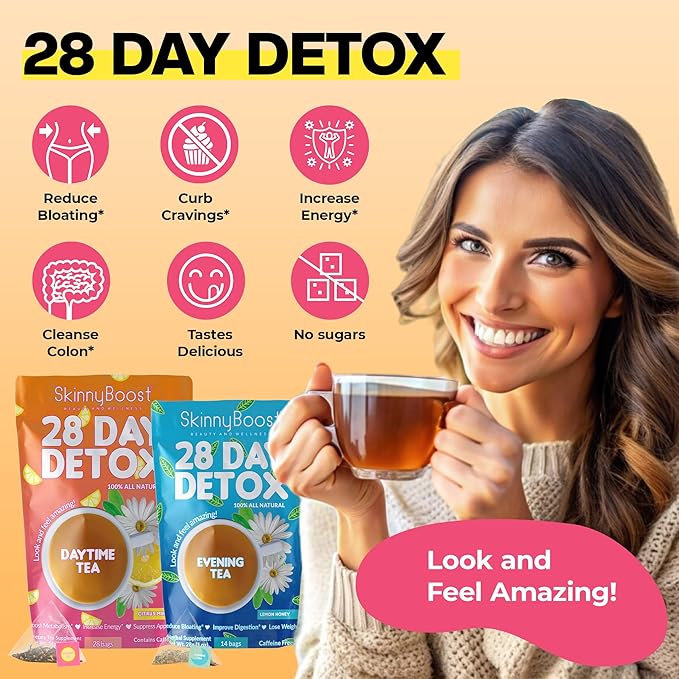 SkinnyBoost 28 Day Detox Tea Kit-1 Daytime (28 Bags) 1 Evening (14 Bags) Non GMO, Vegan, All Natural Teas, Made with Green Tea and Herbal Teas for Natural Detox and Cleanse, Reduce Bloating