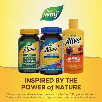 Nature's Way Alive! Men’s 50+ Daily Gummy Multivitamins, Supports Healthy Brain, Eyes, Heart*, B-Vitamins, Gluten-Free, Vegetarian, Fruit Flavored, 60 Gummies (Packaging May Vary)