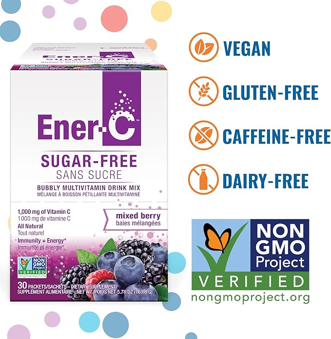 Ener-C Sugar Free Energy Mixed Berry Multivitamin Drink Mix Vitamin C 1000mg & Electrolytes - Natural Immunity Support with Real Fruit Juice Powders Non-GMO Vegan & Gluten Free - 30 Count