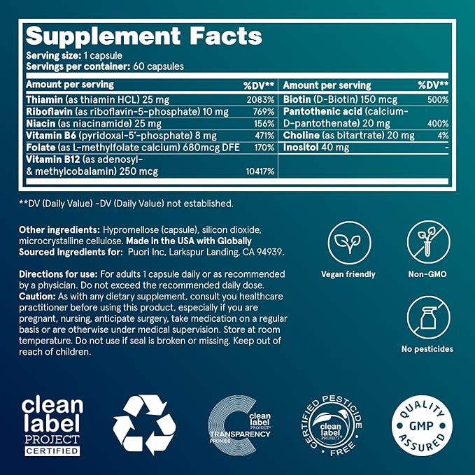 Puori Pure Energy Vitamin B-Complex with 8 Essential Vitamins - Active & Methylated B Vitamins (Thiamin, Riboflavin, Niacin, B6, Folate & B12) - Biotin, Inositol, Pantothenic Acid & Choline