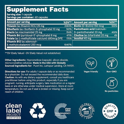 Puori Pure Energy Vitamin B-Complex with 8 Essential Vitamins - Active & Methylated B Vitamins (Thiamin, Riboflavin, Niacin, B6, Folate & B12) - Biotin, Inositol, Pantothenic Acid & Choline