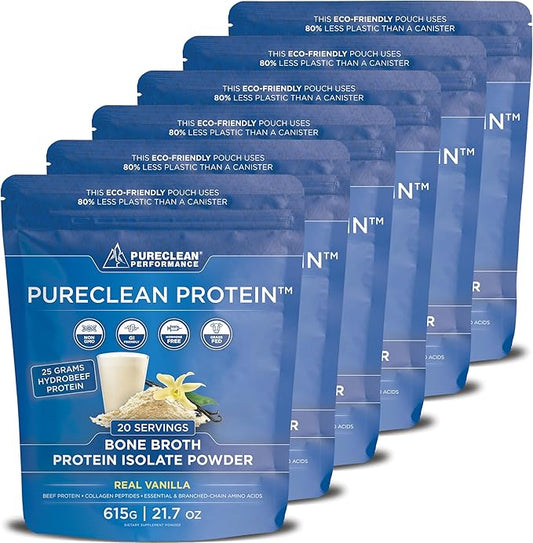 PureClean Protein 25G Organic Grass Fed Beef Bone Broth Protein from Swedish Cattle - Paleo & Keto-Friendly, Gluten-Free, Sugar-Free, Dairy-Free - Enhanced with Collagen Peptides - (6 Bags Vanilla)