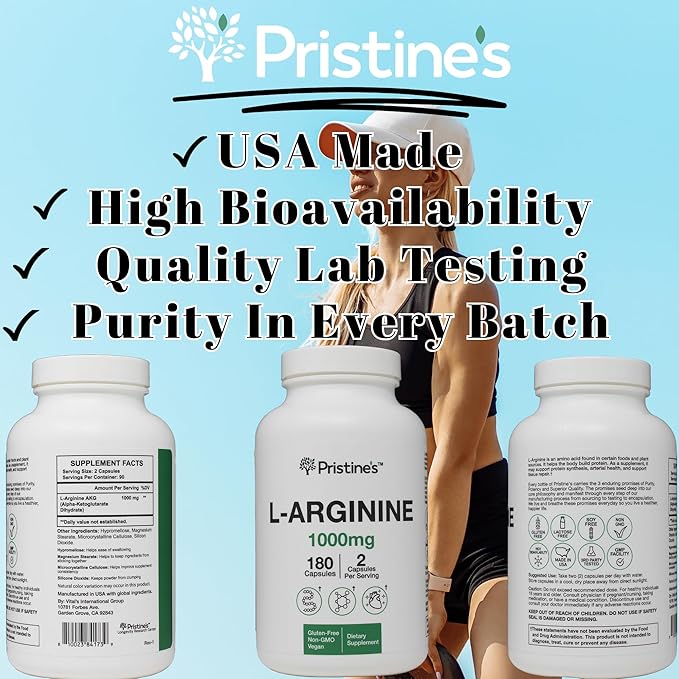 PRISTINE'S L Arginine Supplements for Men & Women - 1000mg Capsules 90 Day Supply Blood Flow & Pre Workout Amino Acid Support