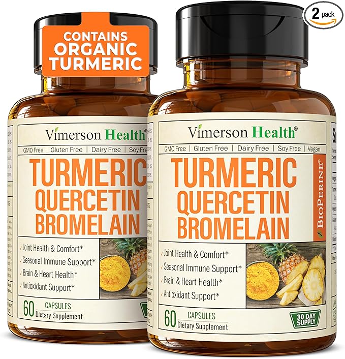 Quercetin with Bromelain Turmeric Supplement - Quercetin 500mg Capsules with Curcumin & Bromelain powder for Allergy & Joint Support. Turmeric Curcumin Bromelain Supplement. 120 Tumeric Caps 2-Pack