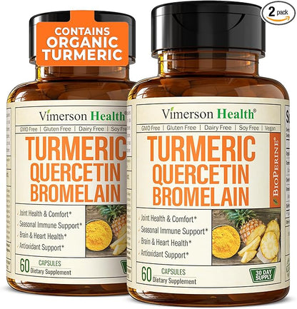 Quercetin with Bromelain Turmeric Supplement - Quercetin 500mg Capsules with Curcumin & Bromelain powder for Allergy & Joint Support. Turmeric Curcumin Bromelain Supplement. 120 Tumeric Caps 2-Pack