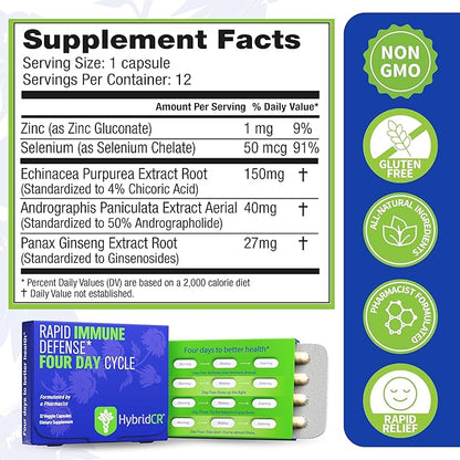 HybridCR Rapid Immune Support Supplement – 4 Day Immunity Supplement - Immune Defense Booster with Echinacea, Ginseng, Andrographis, Zinc, Selenium – Travel Size System Support – 24 Caps, 2 Dose Packs