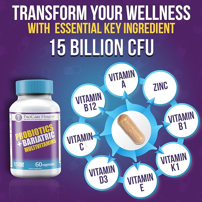ProCare Health Probiotic Bariatric Multivitamin with Iron 45mg (60 Count) - 15 Billion CFU Bariatric Probiotic Fast Dissolving Veggie Capsules to Support Gut and Immune Health in Bariatric Patients