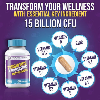 ProCare Health Probiotic Bariatric Multivitamin with Iron 45mg (60 Count) - 15 Billion CFU Bariatric Probiotic Fast Dissolving Veggie Capsules to Support Gut and Immune Health in Bariatric Patients