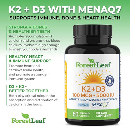 ForestLeaf Vitamin D3 + K2 (MK7) Supplement - MenaQ7 - Calcium and Vitamin D3 5000 IU Max Absorption - Teeth and Bone Strength, Heart Health, Immune System Support - 60 Veggie Capsules