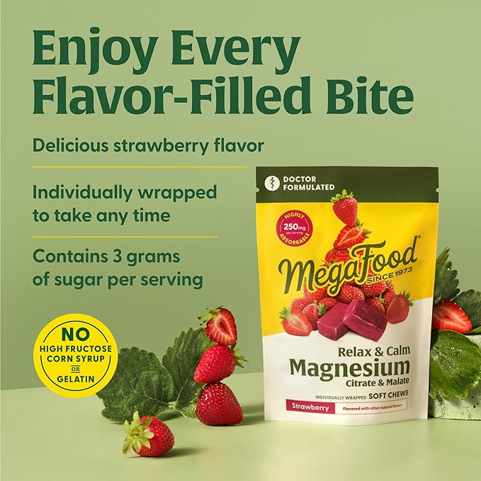 MegaFood Relax + Calm Magnesium Supplement - Soft Chews with Magnesium Citrate & Magnesium Malate for Heart Health, Muscle Tension & More - Vegetarian - Strawberry-Flavor - 30 Chews per Pack (2 Pack)