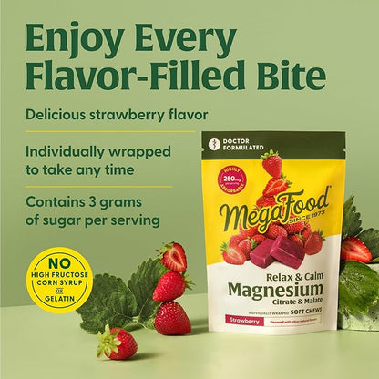 MegaFood Relax + Calm Magnesium Supplement - Soft Chews with Magnesium Citrate & Magnesium Malate for Heart Health, Muscle Tension & More - Vegetarian - Strawberry-Flavor - 30 Chews per Pack (2 Pack)