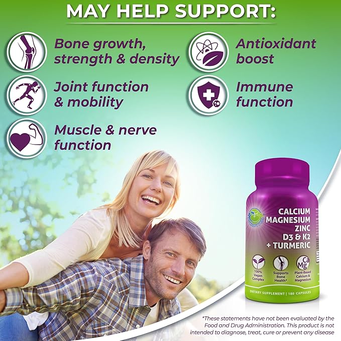 Plant-Based Calcium 500mg (Aquamin) - Vegan Calcium Magnesium Zinc D3 + Vitamin K2, Organic Turmeric & BioPerine - Supports Enhanced Bone Health & Strength for Women and Men - 180 Count