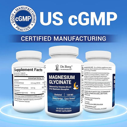 Dr. Berg Magnesium Glycinate with Vitamin D & B6 for Stress Relief, Calm, Relaxation, & Good Sleep* - 120 mg Magnesium Bisglycinate Capsules - High Absorption Chelated Magnesium Glycinate - 90 Caps
