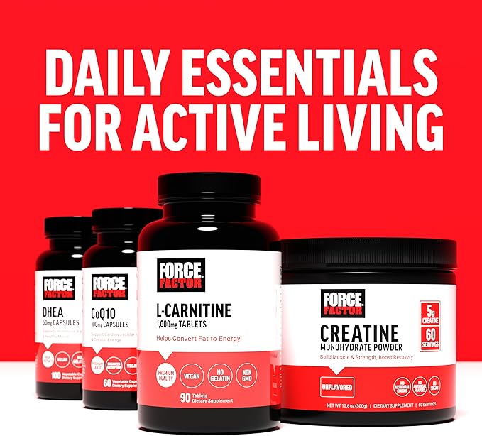 FORCE FACTOR L-Carnitine Supplement, L Carnitine Tartrate 1000mg Capsules to Convert Fat Into Energy, Support Muscle Recovery, and Boost Exercise Performance, Vegan, Non-GMO, 90 Tablets