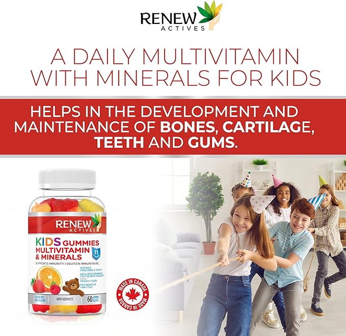 Renew Actives Kids Multivitamin Gummies – Promotes Health & Wellness – Supports Healthy Hair, Skin, Nails, Eyesight, Strong Bones, Teeth & Gums – Tasty, Nutrient-Rich for Growing Kids – 60 Gummies