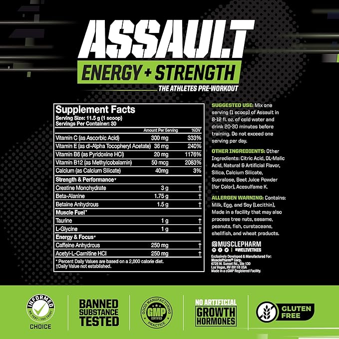 Muscle Pharm Assault Energy & Strength Pre Workout Powder for Men & Women with Beta Alanine, Caffeine, Creatine & Betaine Anhydrous, Pre-Workout Supplements, 30 Servings, Hwachae Melon Flavor