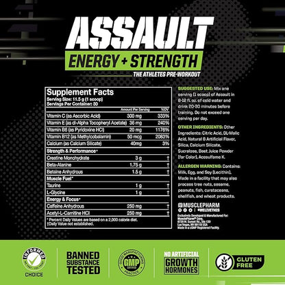 Muscle Pharm Assault Energy & Strength Pre Workout Powder for Men & Women with Beta Alanine, Caffeine, Creatine & Betaine Anhydrous, Pre-Workout Supplements, 30 Servings, Hwachae Melon Flavor
