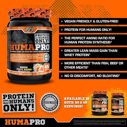 Humapro | Amino Acids Protein Matrix for Humans | 99% Utilization for Lean Muscle | Vegan, Gluten Free | 334g / 45 Servings (Exotic Peach Mango)