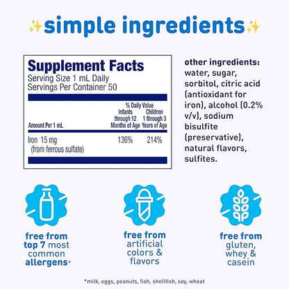 Enfamil Fer-In-Sol Iron Supplement Drops for Infants & Toddlers, Supports Brain Development, 50 mL Dropper Bottle, Pack of 3
