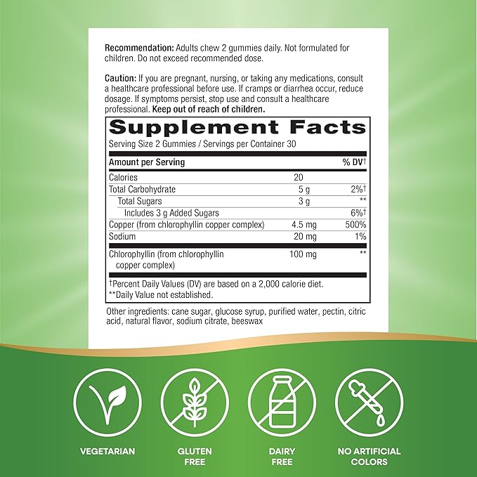 Nature’s Way Chlorofresh Chlorophyll Gummies, Supports Healthy Skin and Body Detox*, Internal Deodorant*, Orchard Fruit Flavored, 60 Gummies (Packaging May Vary)