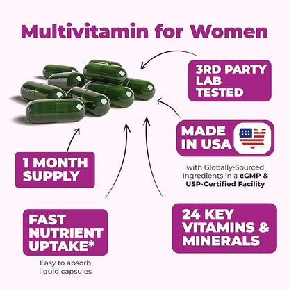 Multivitamin for Women - Daily Womens Multivitamin & Multimineral with Vitamin A, C, D, E, B12, Zinc, Iron. Vitamins for Women - Womens Vitamins for Energy, Focus and Womens Health. 60 Liquid Capsules