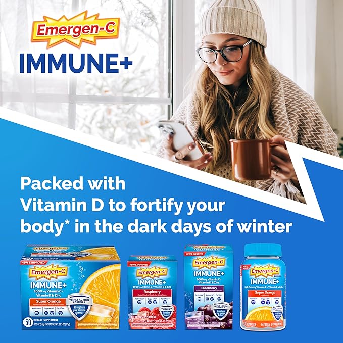 Emergen-C Immune+ Triple Action Immune Support Powder, BetaVia (R), 1000mg Vitamin C, B Vitamins, Vitamin D and Antioxidants, Super Orange – 50 Count