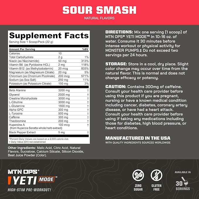 MTN OPS Yeti Mode Pre-Workout Powder - Explosive High-Stimulant with 300mg Caffeine, Creatine Monohydrate, Beta-Alanine, and 45mg Niacin - Sour Smash Flavor in 30 Serving Tub