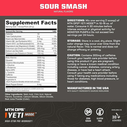 MTN OPS Yeti Mode Pre-Workout Powder - Explosive High-Stimulant with 300mg Caffeine, Creatine Monohydrate, Beta-Alanine, and 45mg Niacin - Sour Smash Flavor in 30 Serving Tub