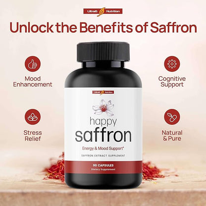 Happy Saffron Supplements - 100% Pure Saffron Extract Supplement - Mood Enhancer for Women & Men - Saffron Supplements for Eye Health Support - Saffron Supplement - Saffron Capsules - 90 Servings