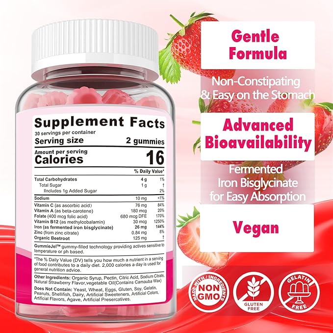 Iron Bisglycinate 26mg Filled Gummies - Gentle Beet Root Iron Gummy plus Vitamin C, Supplement Iron with B12 & Folate for Women & Men, Iron Deficiency, Immune & Energy Support, Sugar-Free, Vegan,60Cts