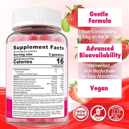 Iron Bisglycinate 26mg Filled Gummies - Gentle Beet Root Iron Gummy plus Vitamin C, Supplement Iron with B12 & Folate for Women & Men, Iron Deficiency, Immune & Energy Support, Sugar-Free, Vegan,60Cts