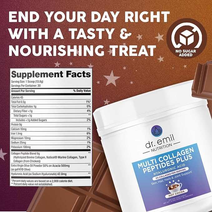 DR. EMIL NUTRITION Collagen Peptides Powder - Hot Cocoa Flavored Collagen Powder for Women - Collagen Supplements for Hair, Skin & Nails with Hyaluronic Acid - 9g Protein per Serving