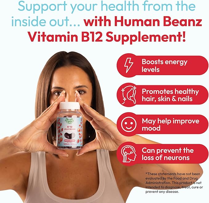 Methylated Vitamin B12, Jelly Bean Gummies for Adults, Brain Health and Energy Booster, Healthy Hair, Skin, and Nails, Nutritional Vegetarian Supplements, 120 Jelly Beans
